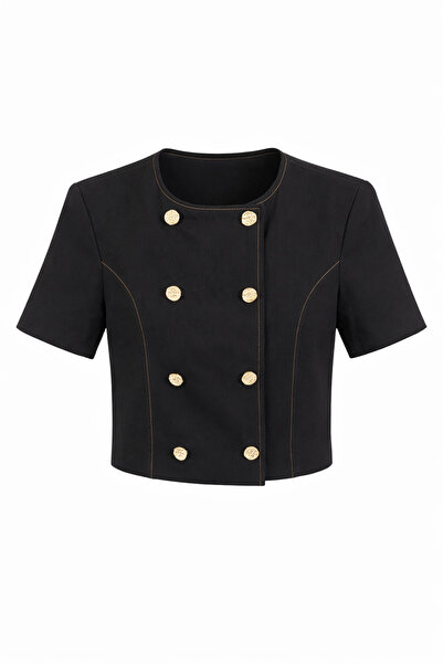 HAZELANNA Double-Breasted Black Linen Jacket with Gold Buttons
