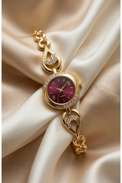 KLISHE Butik Women's Steel Watch Gold Color Burgundy Dial Stone Inlaid Vintag...