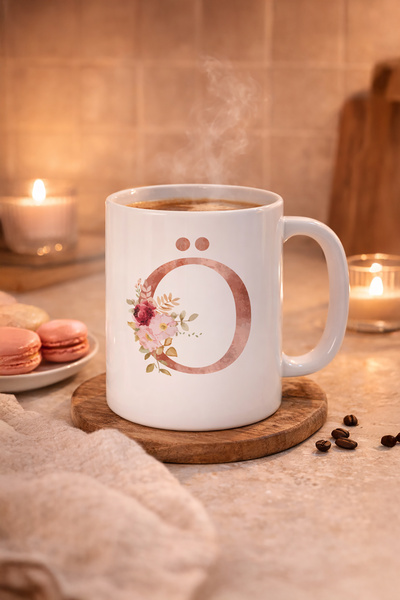 hit nokta Ö Harfli Çiçek Tasarımlı Porselen Kahve Kupası Floral Minimal Harf ...