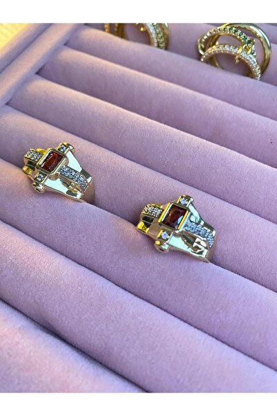 Gold Bordo Taşlı Çelik Yüzük