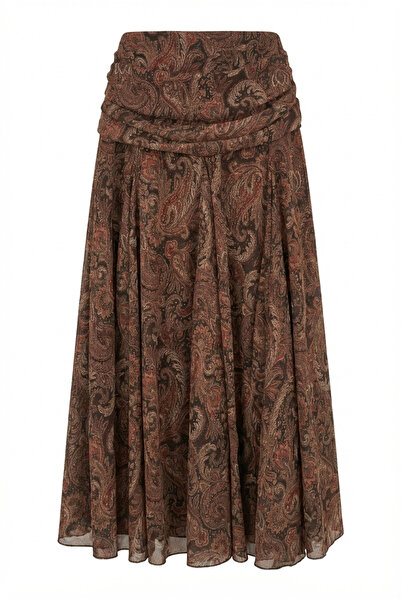 HAZELANNA Patterned Brown Midi Skirt with Bandana