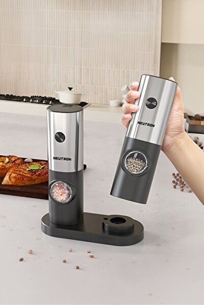 NEUTRON Pilli Led Işıklı Tuz Karabiber Değirmeni Otomatik Baharat Öğütücü 2li...