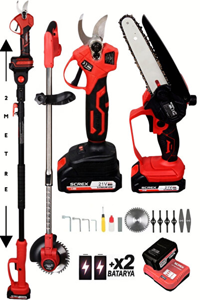 SCREX Profesyonel 4’Lü Set Şarjlı Makas Testere Tırpan Ve Teleskopik Uzatma 2...