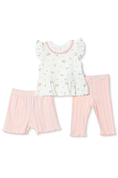 Bebetto Kız Bebek Bluz-Tayt Çiçek Baskılı Çıtçıtlı Fırfırlı Yaka Kısa Kol Pat...