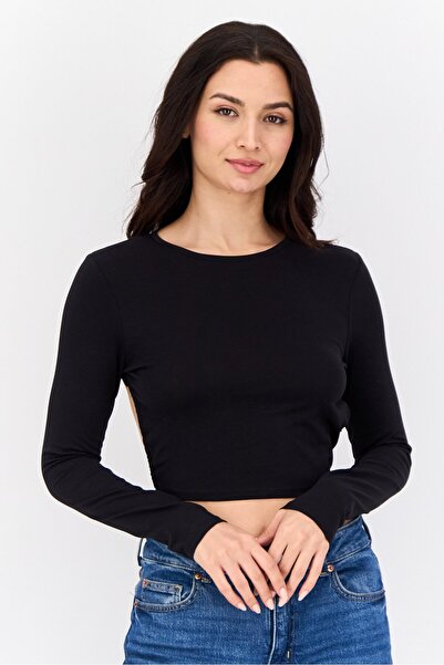 Don't Call Me Jennyfer Women Round Neck Solid Cut Out Long Sleeves Top, Black