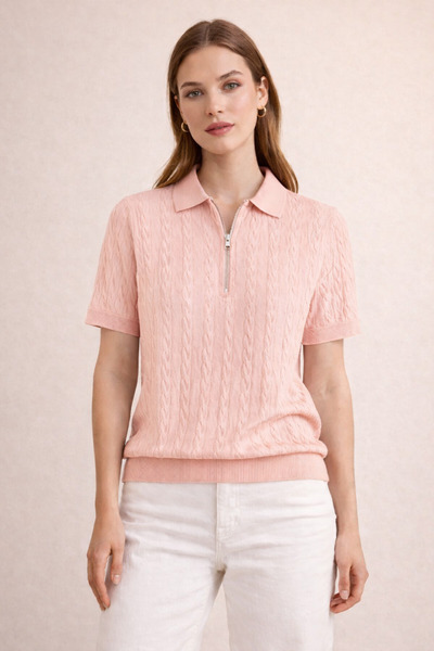 pepule Bluză cu mânecă scurtă, cu guler polo și fermoar, din tricot premium p...