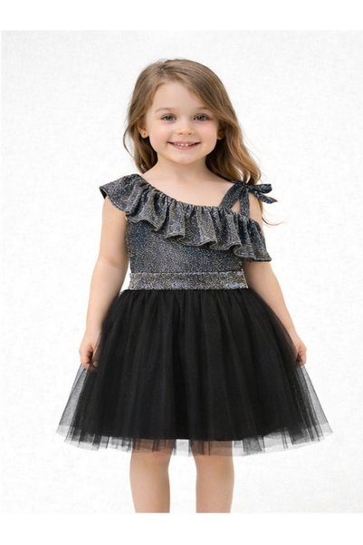 THEQUEST Girl's One-Shoulder Flounce Collar Sparkling Fabric Black Tulle Evening Dress