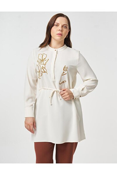 Kayra Embroidered K Crepe Tunic Ecru