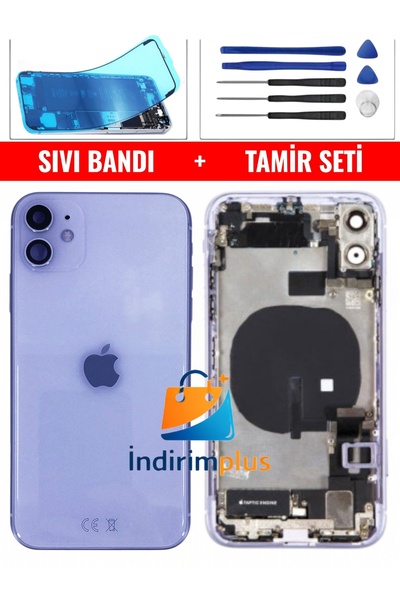 indirimplus iPhone 11 Kasa Dolu Kasa Ve Yan Düğmeler Mor Renk Montaj Seti+Sıv...