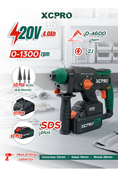 XCPRO 20V Cordless Brushless Rotary Hammer 2.0J, SDS Plus, 2x2.0Ah, Vibration...