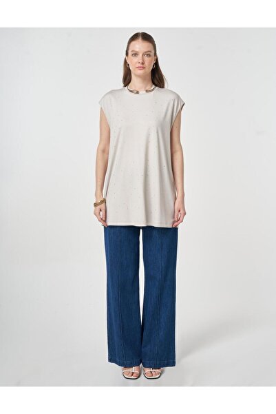 Kayra Hotfix Printed Sleeveless Knitted Blouse Light Gray