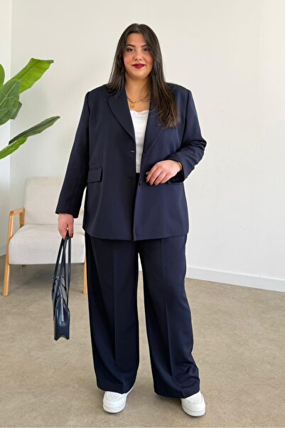 CHUL Büyük Beden Kadın Oversize Astarlı Blazer Ceket Takım - Lacivert