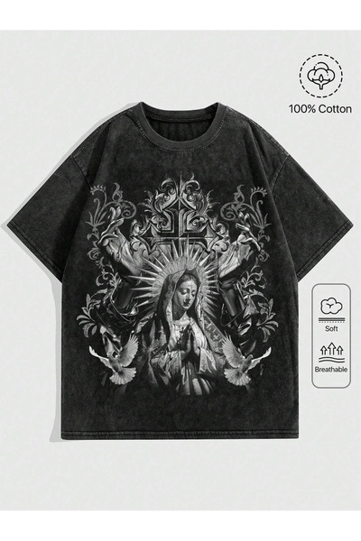 Touz Imprimeu grafic vintage gotic cu înger, lavabil supradimensionat tricou