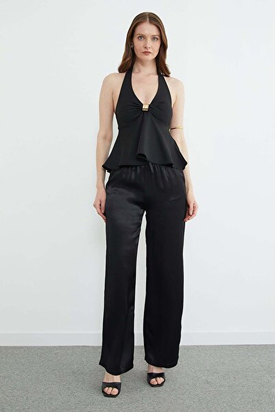 Fulla Moda Beli Lastikli Cepli Palazzo Saten Pantolon