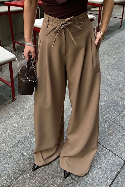 Kıyafetto Kadin Camel On Baglamali Yuksek Bel Bol Paca Kumas Pantolon HSZ017