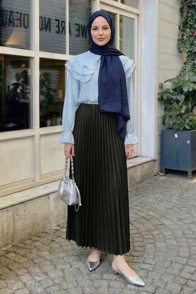 InStyle Dark Khaki Pleated Skirt with Hidden Elastic Waistband