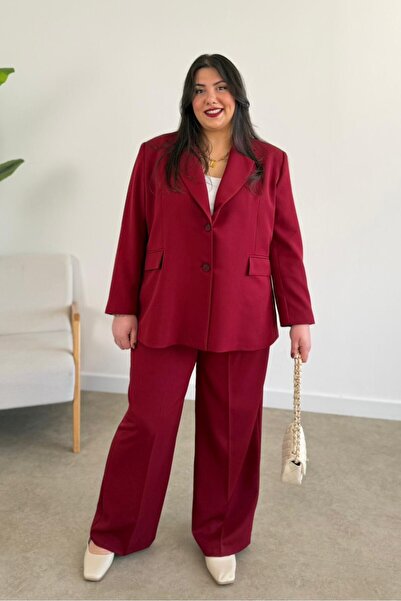 CHUL Büyük Beden Kadın Oversize Astarlı Blazer Ceket Takım - Bordo