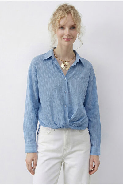 Bianco Lucci Kadın Önü Büzgü Detaylı Salaş Çizgili Gömlek 191 60286021