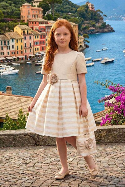 Pamina Kız Çocuk Çantalı Kuşaklı Elbise Bej 36179