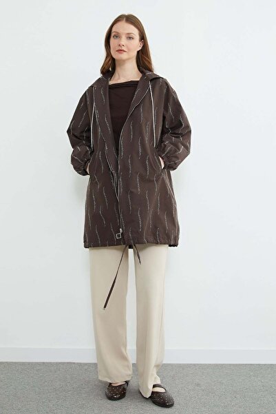 Fulla Moda Stone Detailed Hooded Zipper Trench Coat