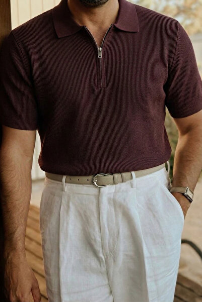 The Champ Clothing Men's Textured Corded Fabric Knitwear T-Shirt Claret Red -...