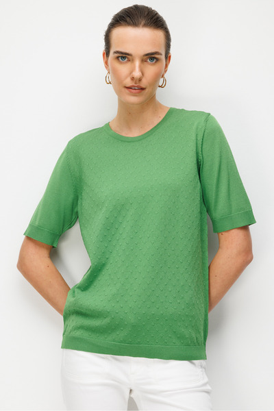 Desen Triko Bluză de damă cu decolteu în formă de O cu model tricot subțire Alge marine