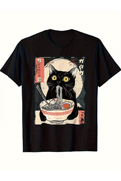 gencerco Japanese cat eating noodle Printed premium Oversized t-shirt