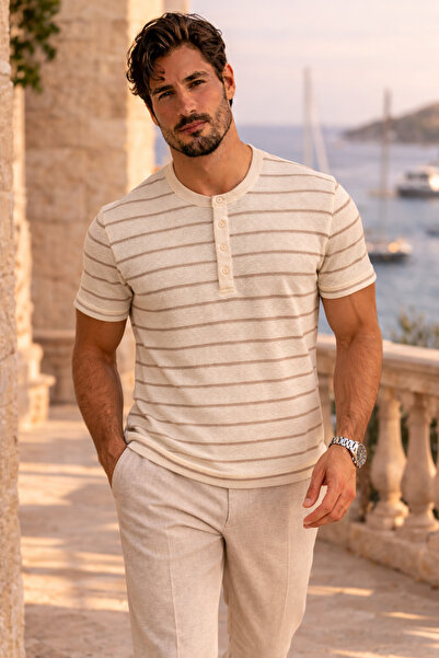 Valiberta Kristof Piqué Fabric Regular Fit Buttoned Collar Self Striped T-Shi...