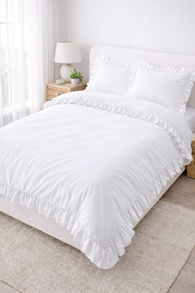 Madame Home Σετ Παπλωματοθήκης με βολάν από Βαμβακερό Ύφασμα Κομψό Σετ Υπνοδω...