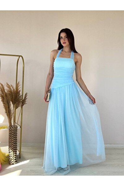 For Angels Halter Neck Dress Tie-Detail Ruched Lined Tulle