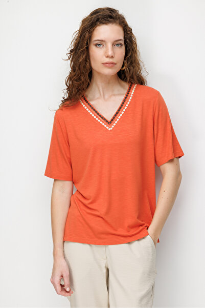 Desen Triko Women's V-Neck Collar Two-Color Embroidered Stone Combed Cotton T...