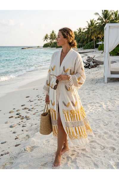 MODA ÇİFT KAT MÜSLİN %100 PAMUK TAŞ BASKI OTANTİK YAPRAK AĞAÇ DESENLİ KİMONA ...