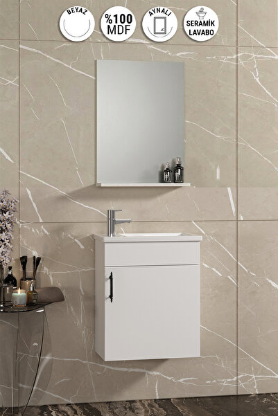 ÖZCEDEN Lale 42x24 cm Beyaz MDF Seramik Lavabolu Asma Banyo Dolabı Takımı