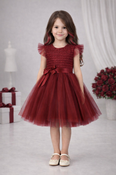 RUMİ KİDS Kollu Tüllü Kız Çocuk Abiye Parti Elbise SİMLİ