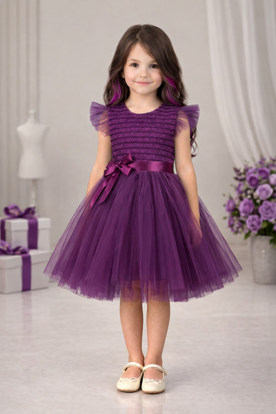 RUMİ KİDS Kollu Tüllü Kız Çocuk Abiye Parti Elbise SİMLİ