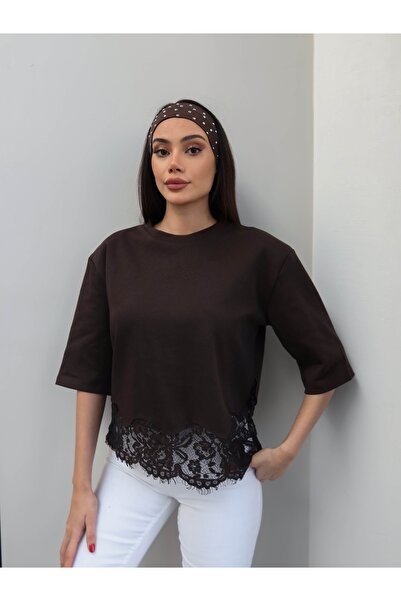 ESRAHELVACI Padded Shoulders Skirt Hem Lace Tshirt