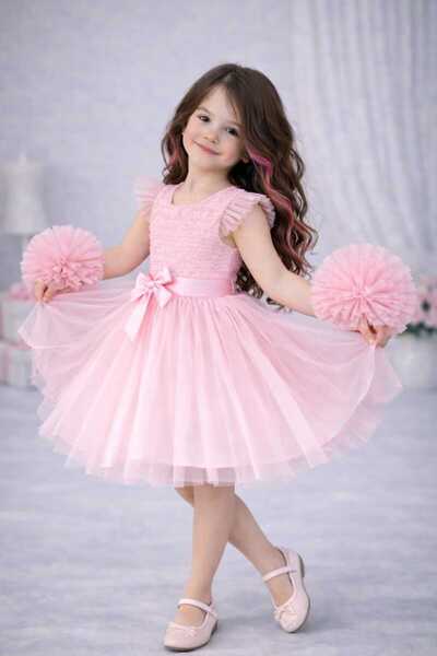 RUMİ KİDS Kollu Tüllü Kız Çocuk Abiye Parti Elbise Ponponlu SİMLİ
