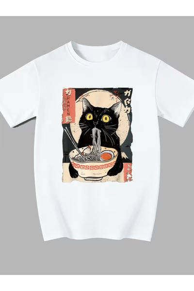 gencerco Ιαπωνική γάτα που τρώει νουντλς με τύπωμα Premium oversized T-shirt