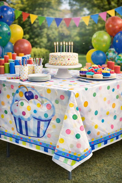 Happyewent Cupcake Temalı Plastik Masa Örtüsü 108x180 cm – Renkli Puantiyeli ...