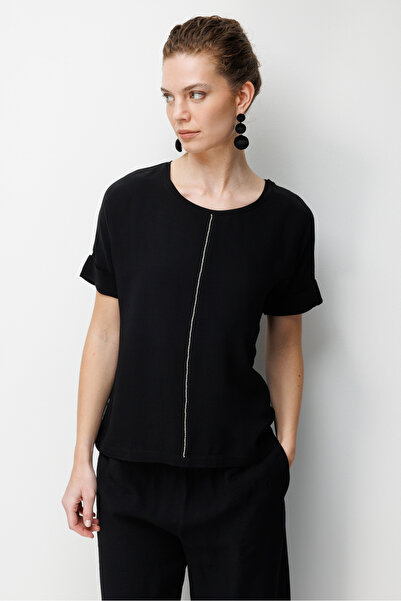 Desen Triko Bluză de damă cu decolteu în formă de O, cu mâneci scurte și apli...