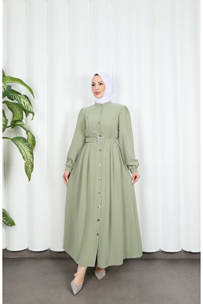 HNT Hayrunnisa Tesettür Belden Pile Detaylı Boydan Düğmeli Kemerli Elbise Yeş...