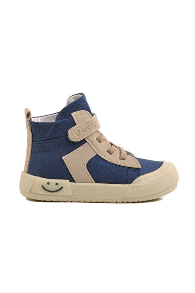 Aspor Navy Blue Linen Ankle Length Velcro Unisex Kids Sneaker