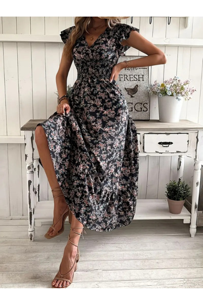 MSA PRESTİGE Women Short Sleeve Double Breasted Lapel Elastic Waist Floral Pr...