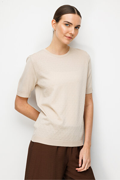 Desen Triko Women's Crew Neck Patterned Fine Knit Blouse Beige