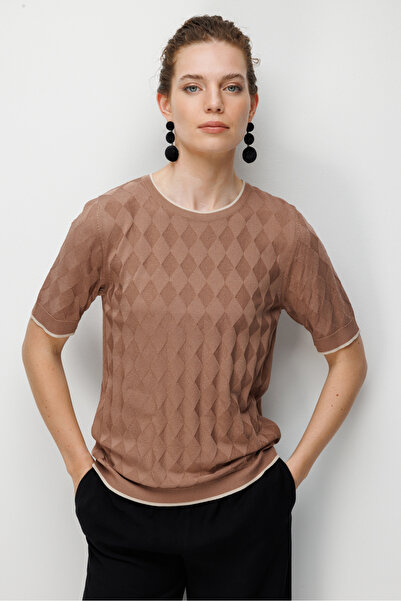 Desen Triko Women's Crew Neck Diamond Patterned Fine Knit Blouse Moka
