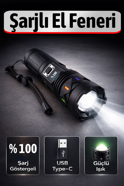 Badem10 Şarjlı Pil Göstergeli LED El Feneri Power Bank Kamp Balıkçılık Hobi G...
