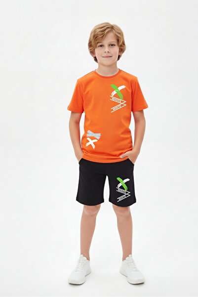 FYK KİDS طقم صيفي للأولاد برقبة دائرية وتفاصيل طباعة باللون الأبيض X