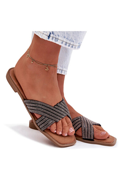 BOTO Sandale damă cu toc plat, model cristal, negre, Zinnia 41