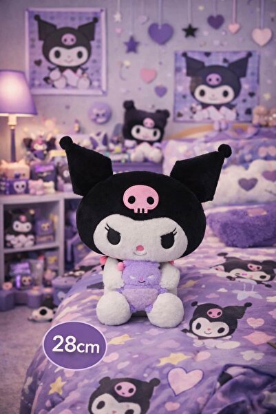 SANRIO Lisanslı Kuromi 28 cm Küçük Arkadaşıyla Oturan Peluş