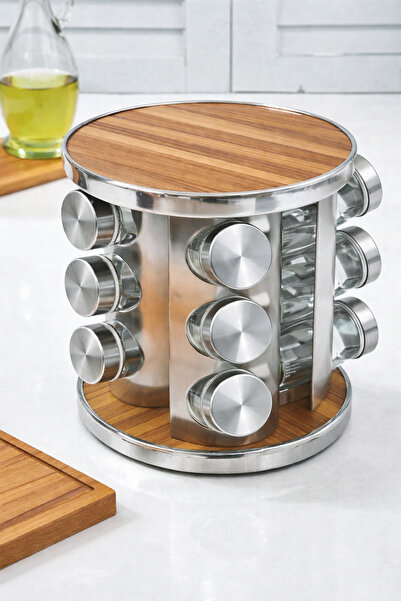 MAKRİ HOME 12’li Ahşap Krom Yuvarlak Döner Baharatlık, 360° Paslanmaz Stantlı...